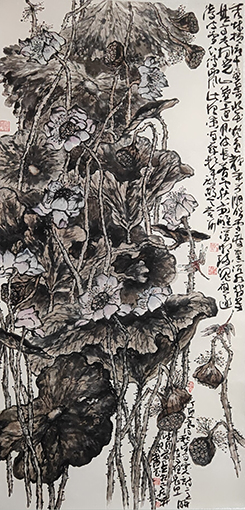 孔晓书作品4《墨荷秋韵》国画 花鸟(纵71x148cm 2017)
